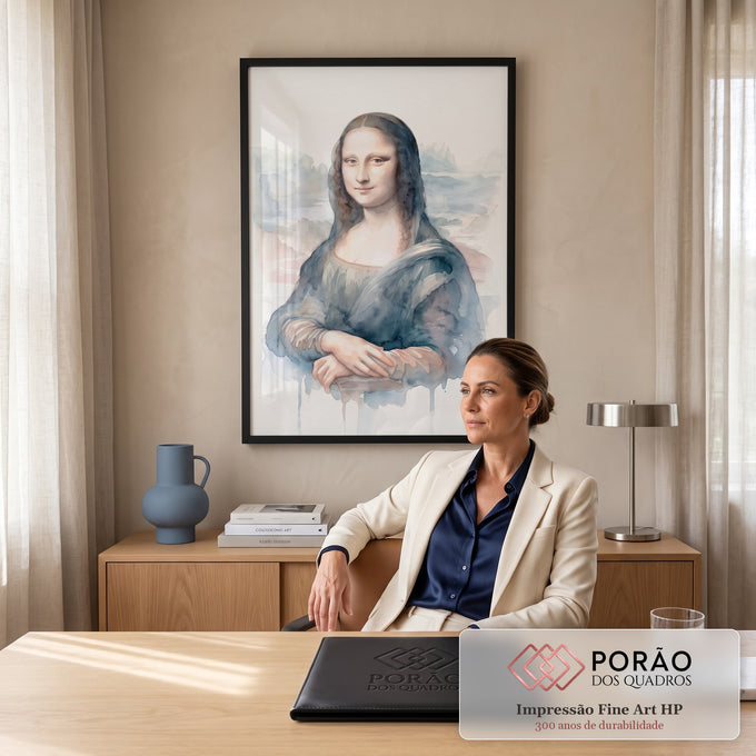 Mona Lisa pintada em aquarela azul com tinta escorrida sobre fundo branco, quadro decorativo