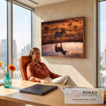 Quadro Decorativo Grande Zebra na Savana para Sala Laranja | quadros decorativos | zebra refletida na água dourada de uma savana ao pôr do sol | em ambiente 2 | Porao dos Quadros