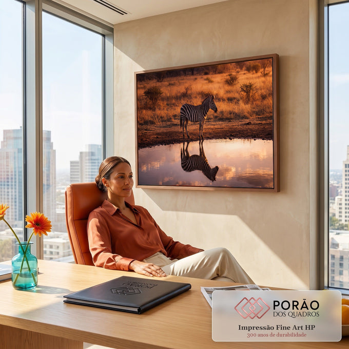Quadro Decorativo Grande Zebra na Savana para Sala Laranja | quadros decorativos | zebra refletida na água dourada de uma savana ao pôr do sol | em ambiente 2 | Porao dos Quadros