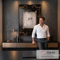 Quadro Decorativo Grande Vista para Sala Preto | quadros decorativos | vista aérea de ringue de boxe com dois lutadores em ambiente de mármore preto e dourado | em ambiente 2 | Porao dos Quadros