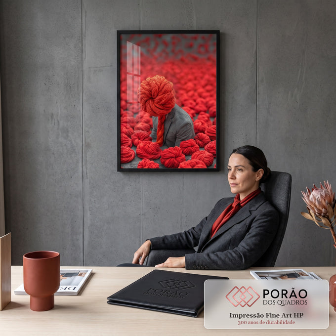 Homem de blazer cinza com cabeça de novelo vermelho entre dezenas de novelos de lã, quadro decorativo