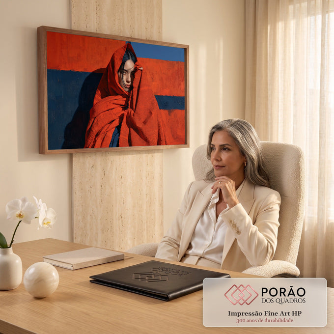 Jovem mulher de cabelo preto envolta em xale laranja diante de parede azul e laranja, quadro decorativo