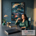 Quadro Decorativo Árvore com Galhos Dourados e Lua sobre | quadros decorativos | árvore com galhos dourados diante de lua imensa e lago refletindo pôr do sol | em Quadros para Escritorio | Porao dos Quadros