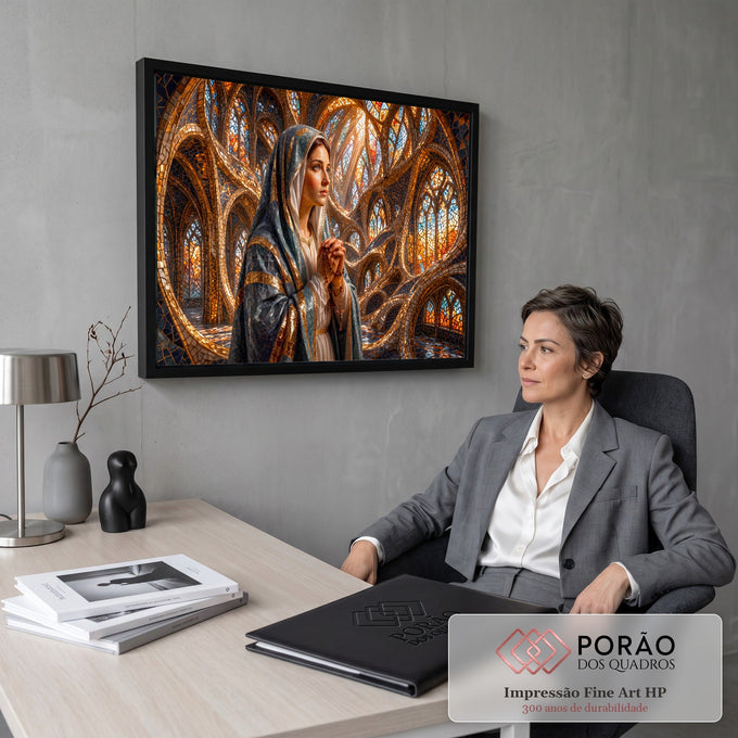 Quadro Decorativo Grande Nossa Senhora Terço para Sala | quadros decorativos | Nossa Senhora em oração com véu azul e dourado diante de vitrais em mosaico | em ambiente 2 | Porao dos Quadros