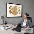 Quadro Decorativo Grande Leão Sentado para Sala Amarelo | quadros decorativos | leão sentado de perfil em recorte de papel com arcos, sóis e folhas coloridas | em ambiente 2 | Porao dos Quadros