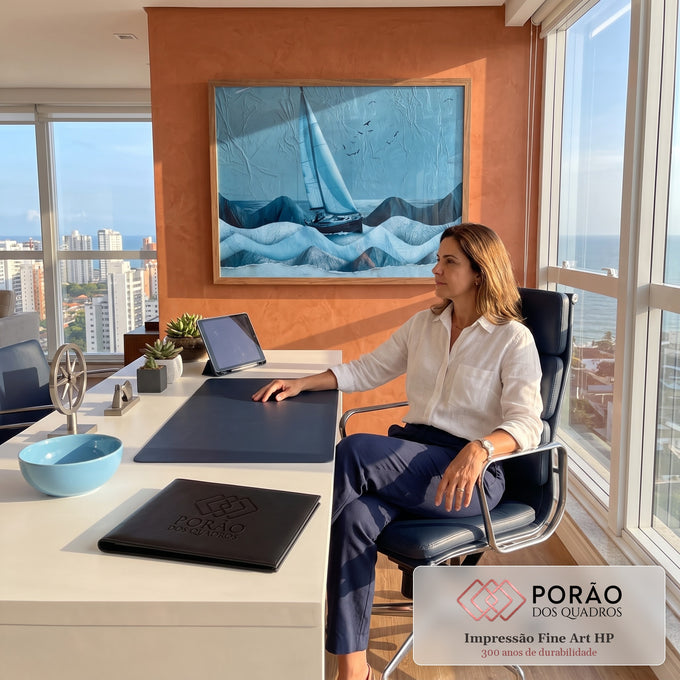 Quadro Decorativo Grande Veleiro no Mar para Sala Azul | quadros decorativos | veleiro navegando em ondas azuis estilizadas sob céu laranja com sol e pássaros | em ambiente 2 | Porao dos Quadros