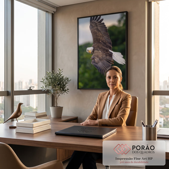 Águia de cabeça branca em mergulho, asas erguidas e olhar fixo, com floresta desfocada, quadro decorativo