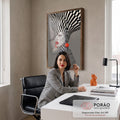 Quadro Decorativo Grande Retrato Feminino para Sala Preto | quadros decorativos | retrato de perfil com chapéu de tricô xadrez preto e branco e brincos vermelhos | em ambiente 2 | Porao dos Quadros