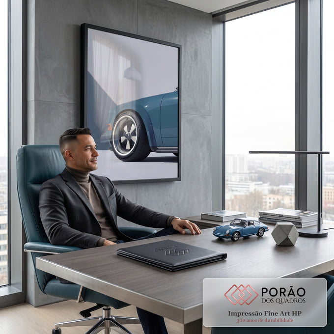 Quadro Decorativo Grande Carro Esportivo para Sala Azul | quadros decorativos | roda cromada de carro esportivo azul clássico em close-up detalhado | em ambiente 2 | Porao dos Quadros