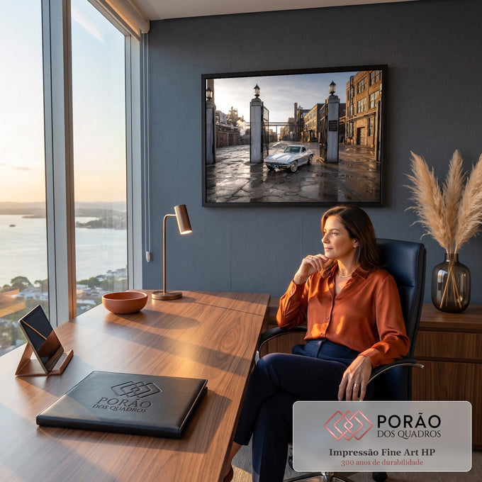 Corvette prata clássico no portão de fábrica de tijolos, piso molhado e luz do entardecer, quadro decorativo