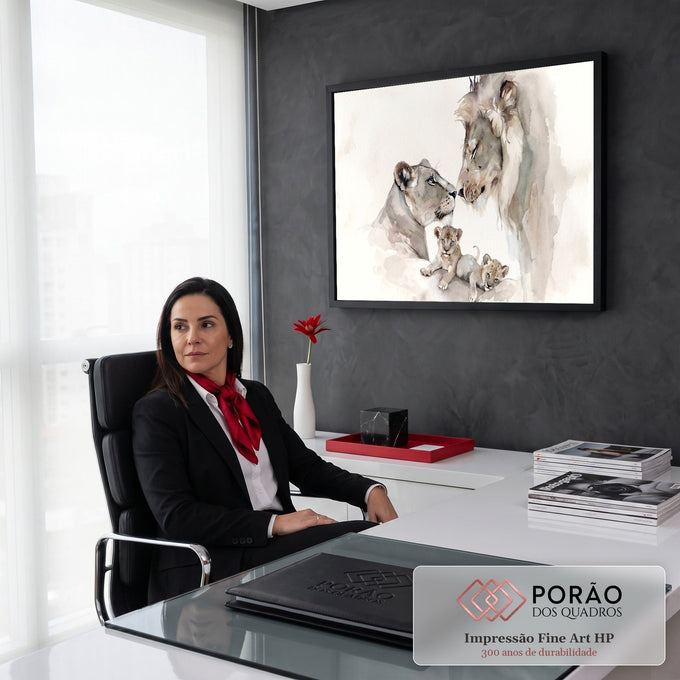 Quadro Decorativo Grande Família Leões Aquarela para Sala | quadros decorativos | leoa, leão e dois filhotes em aquarela de tons bege e cinza | em ambiente 2 | Porao dos Quadros
