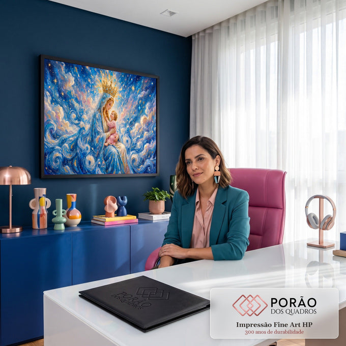 Nossa Senhora coroada com o Menino Jesus no colo, céu estrelado em redemoinhos azuis, quadro decorativo