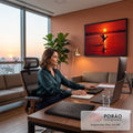 Quadro Decorativo Grande Pato Voando para Sala Vermelho | quadros decorativos | pato em voo sobre lago com céu vermelho intenso e sol ao fundo | em ambiente 2 | Porao dos Quadros