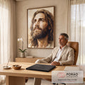 Quadro Decorativo Grande Jesus Aquarela para Sala Marrom | quadros decorativos | retrato em aquarela de Jesus Cristo com barba olhando para cima em tons sépia | em ambiente 2 | Porao dos Quadros