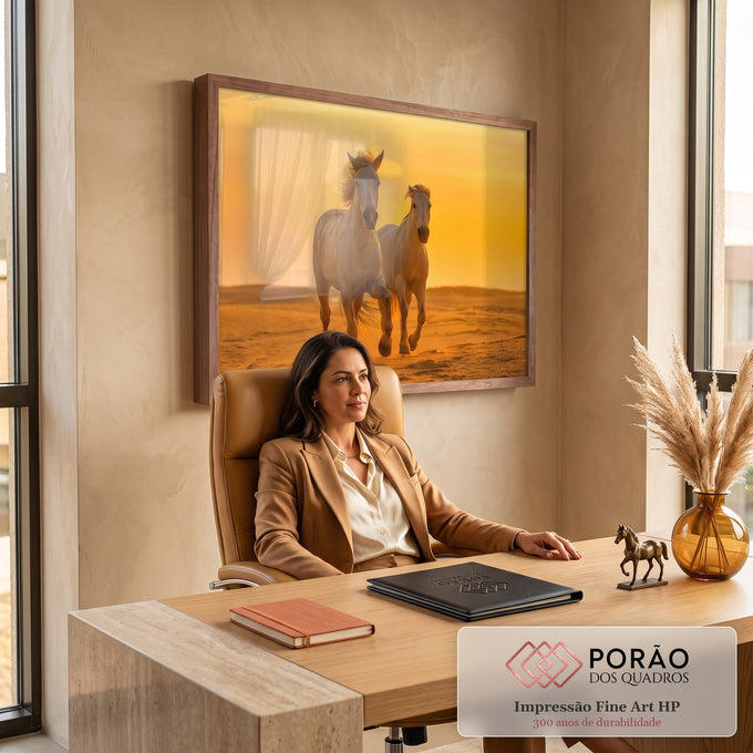 Quadro Decorativo Grande Cavalos Caminhando para Sala | quadros decorativos | dois cavalos cor de areia caminhando no deserto sob céu laranja de pôr do sol | em ambiente 2 | Porao dos Quadros