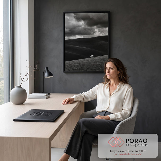 Ovelha branca solitária em colinas escuras sob céu nublado dramático em preto e branco, quadro decorativo