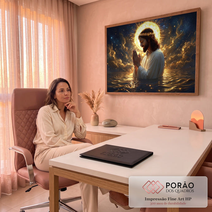 Jesus de manto branco orando de mãos unidas no mar, halo dourado e céu estrelado, quadro decorativo