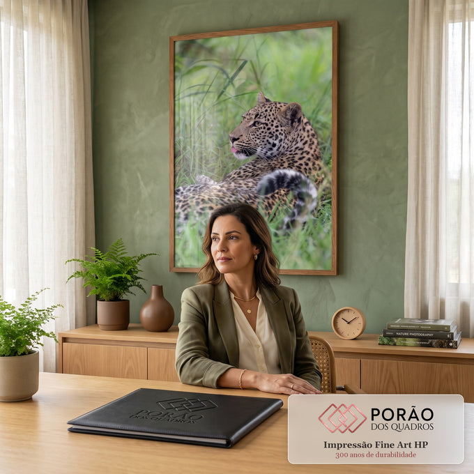 Leopardo deitado no capim verde olhando para trás com a língua de fora, quadro decorativo