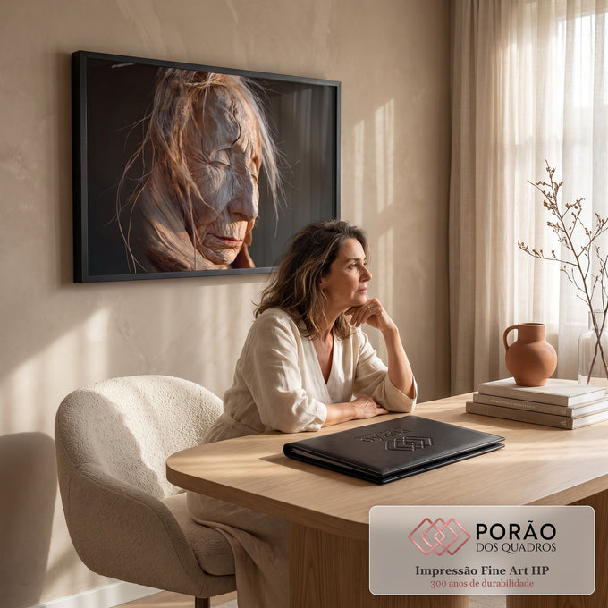 Quadro Decorativo Grande Rosto Esculpido para Sala Marrom | quadros decorativos | rosto esculpido em textura de madeira com cabelo claro e luz dramática lateral | em ambiente 2 | Porao dos Quadros