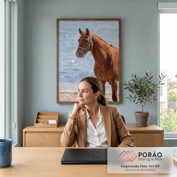 Cavalo castanho com cabresto azul na praia, mar ao fundo, pintura realista, quadro decorativo