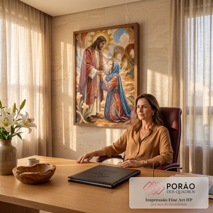 Quadro Decorativo Grande Jesus Abençoando para Sala Vermelho | quadros decorativos | Jesus com halo dourado segura as mãos de mulher ajoelhada em estilo mosaico colorido | em ambiente 2 | Porao dos Quadros
