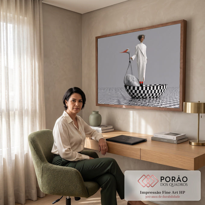 Quadro Decorativo Grande Mulher em Barco para Sala Branco | quadros decorativos | mulher de sobretudo branco guiando ave estilizada em barco xadrez | em ambiente 2 | Porao dos Quadros