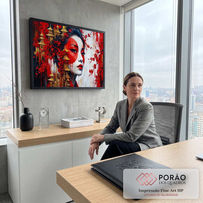 Quadro Decorativo Grande Gueixa para Sala Vermelho | quadros decorativos | rosto feminino pintado de vermelho e branco com cerejeiras e pagodes dourados | em ambiente 2 | Porao dos Quadros
