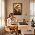 Quadro Decorativo Grande Santo Antônio com Menino para Sala | quadros decorativos | frade com menino loiro no colo, auréolas douradas, lírios brancos e luz radiante | em ambiente 2 | Porao dos Quadros