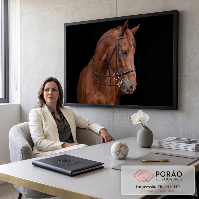 Cavalo castanho com cabeçada de couro e freio em fundo preto, fotografia de estúdio, quadro decorativo