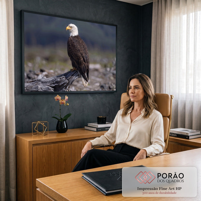 Águia-de-cabeça-branca de perfil pousada em tronco seco com fundo cinza desfocado, quadro decorativo