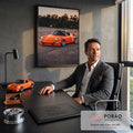 Quadro Decorativo Grande Carro Clássico para Sala | quadros decorativos | carro esportivo laranja rebaixado com aerofólio ao pôr do sol | em ambiente 2 | Porao dos Quadros
