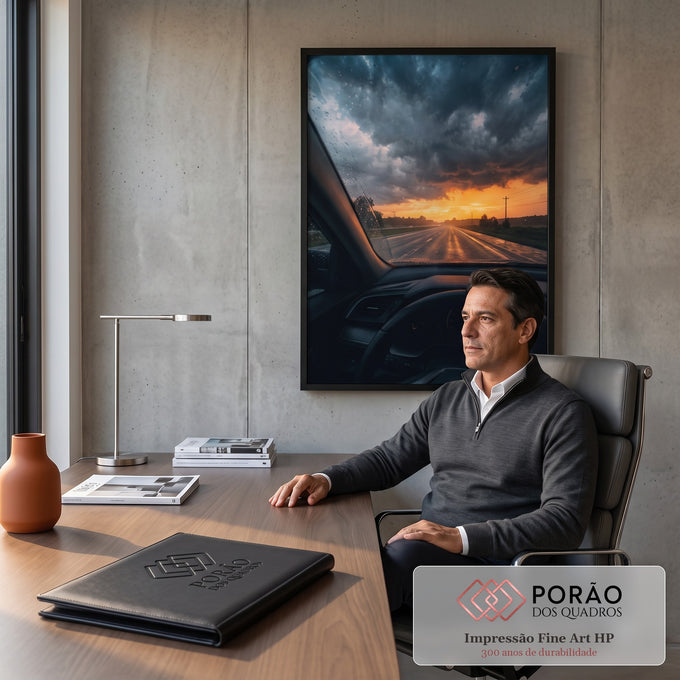 Estrada vista pelo para-brisa com chuva, nuvens de tempestade e pôr do sol laranja, quadro decorativo