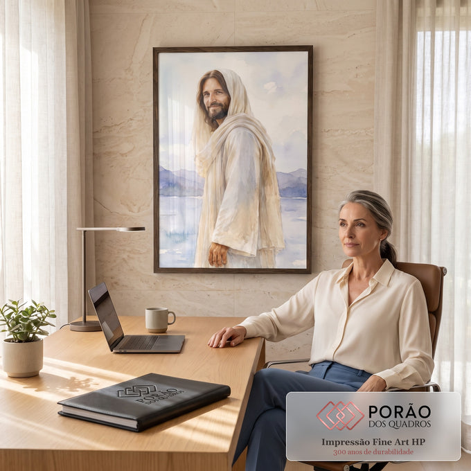 Quadro Decorativo Grande Jesus Sorrindo no Lago para Sala | quadros decorativos para sala | retrato em aquarela de Jesus Cristo com manto bege diante de lago e montanhas | em Quadros para Sala | Porao dos Quadros