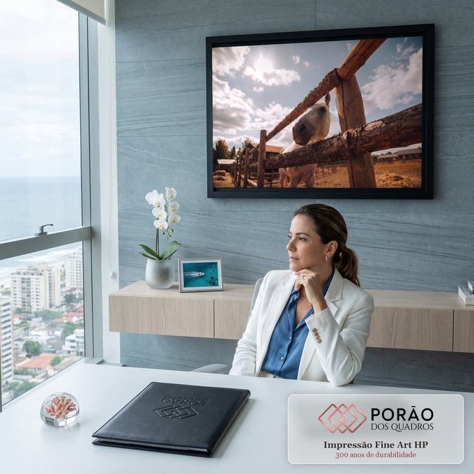 Cavalo branco curioso espiando por cerca rústica de madeira na fazenda sob céu azul com sol, quadro decorativo