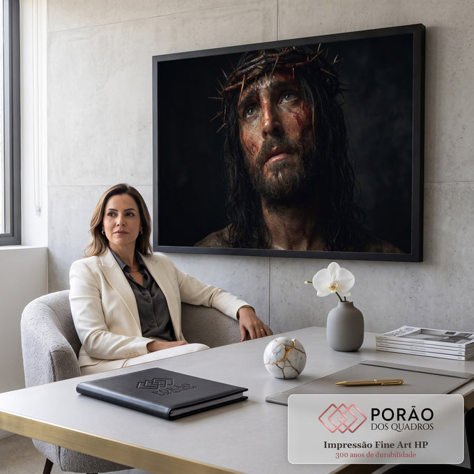 Jesus Cristo com coroa de espinhos e rosto ferido olhando para cima em fundo escuro, quadro decorativo