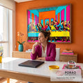 Quadro Decorativo Grande Santa Ceia Pop para Sala Rosa | quadros decorativos | última ceia em estilo pop art com cores vibrantes rosa azul e laranja | em ambiente 2 | Porao dos Quadros