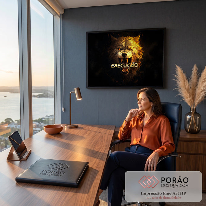 Lobo dourado feroz rosnando com presas à mostra e palavra Execução em fundo preto, quadro decorativo