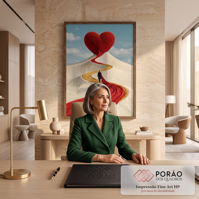 Coração vermelho gigante no topo de duna branca com caminho de tecido e figura caminhando, quadro decorativo