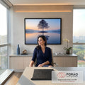 Quadro Decorativo Grande Árvore Solitária Azul para Sala | quadros decorativos | árvore solitária sem folhas refletida simetricamente em lago calmo ao entardecer | em ambiente 2 | Porao dos Quadros