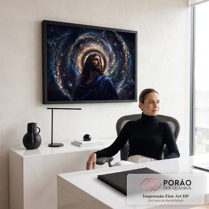 Jesus Cristo de manto azul e auréola dourada diante de uma galáxia espiral estrelada, quadro decorativo
