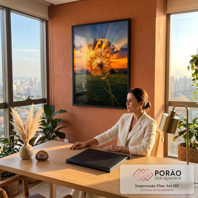 Dente-de-leão iluminado pelo pôr do sol laranja com raios de luz sobre campo verde, quadro decorativo
