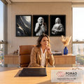 Quadro Decorativo Kit 3 Telas Esculturas para Sala Preto | quadros decorativos | esculturas em mármore de figura gritando e da Mona Lisa, com pintura abstrata preta e dourada | em ambiente 2 | Porao dos Quadros
