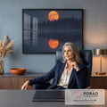 Quadro Decorativo Grande Lua Refletida para Sala Laranja | quadros decorativos | lua cheia laranja refletida em lago com neblina e silhueta de árvores | em ambiente 2 | Porao dos Quadros