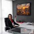 Jesus sentado na montanha fazendo carinho em um cordeiro ao pôr do sol, pintura a óleo, quadro decorativo