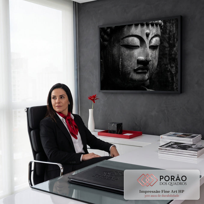 Close do rosto de estátua de Buda em pedra com olhos fechados, em preto e branco, quadro decorativo