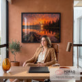 Quadro Decorativo Grande Pôr do Sol Lago para Sala | quadros decorativos | pôr do sol laranja refletido num lago cercado de pinheiros silhuetados | em ambiente 2 | Porao dos Quadros