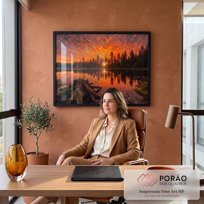 Quadro Decorativo Grande Pôr do Sol Lago para Sala | quadros decorativos | pôr do sol laranja refletido num lago cercado de pinheiros silhuetados | em ambiente 2 | Porao dos Quadros
