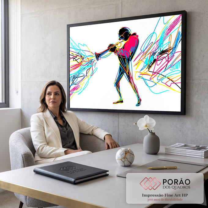 Trompetista em silhueta tocando, com rabiscos neon rosa, ciano e amarelo no fundo branco, quadro decorativo