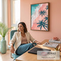 Quadro Decorativo Grande Praia Tropical para Sala Azul | quadros decorativos | vista aérea de praia com mar turquesa, areia rosa e palmeiras em silhueta | em ambiente 2 | Porao dos Quadros