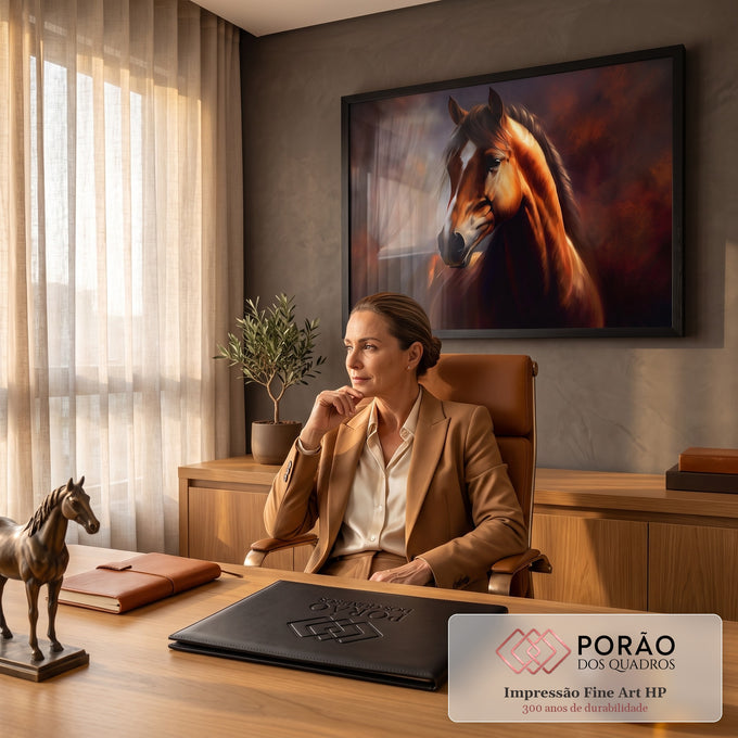 Quadro Decorativo Grande Cavalo Luz Dourada para Sala Marrom | quadros decorativos | retrato de cavalo castanho com mancha branca no focinho e luz dourada lateral | em ambiente 2 | Porao dos Quadros